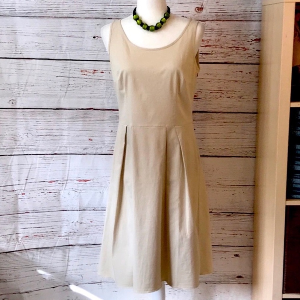 Prada Fit and Flare Pleated Beige Midi Cocktail Dress